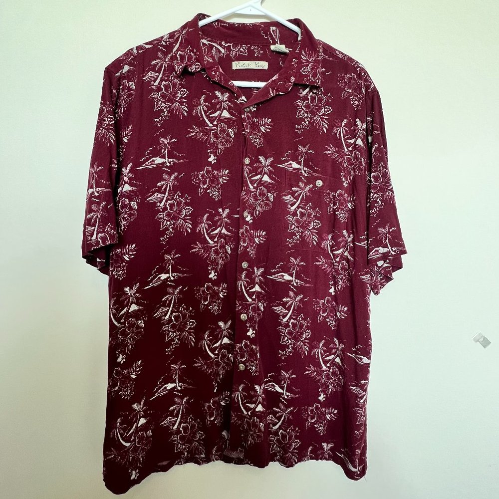 Batik Bay Men Button Up Shirt Large Maroon Hawaiian Tropical Short Sleeve